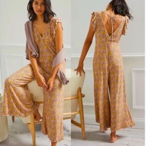 Anthropologie Wide Leg Palazzo Jumpsuit Delicate Ruffle Detail Sz S Stretch